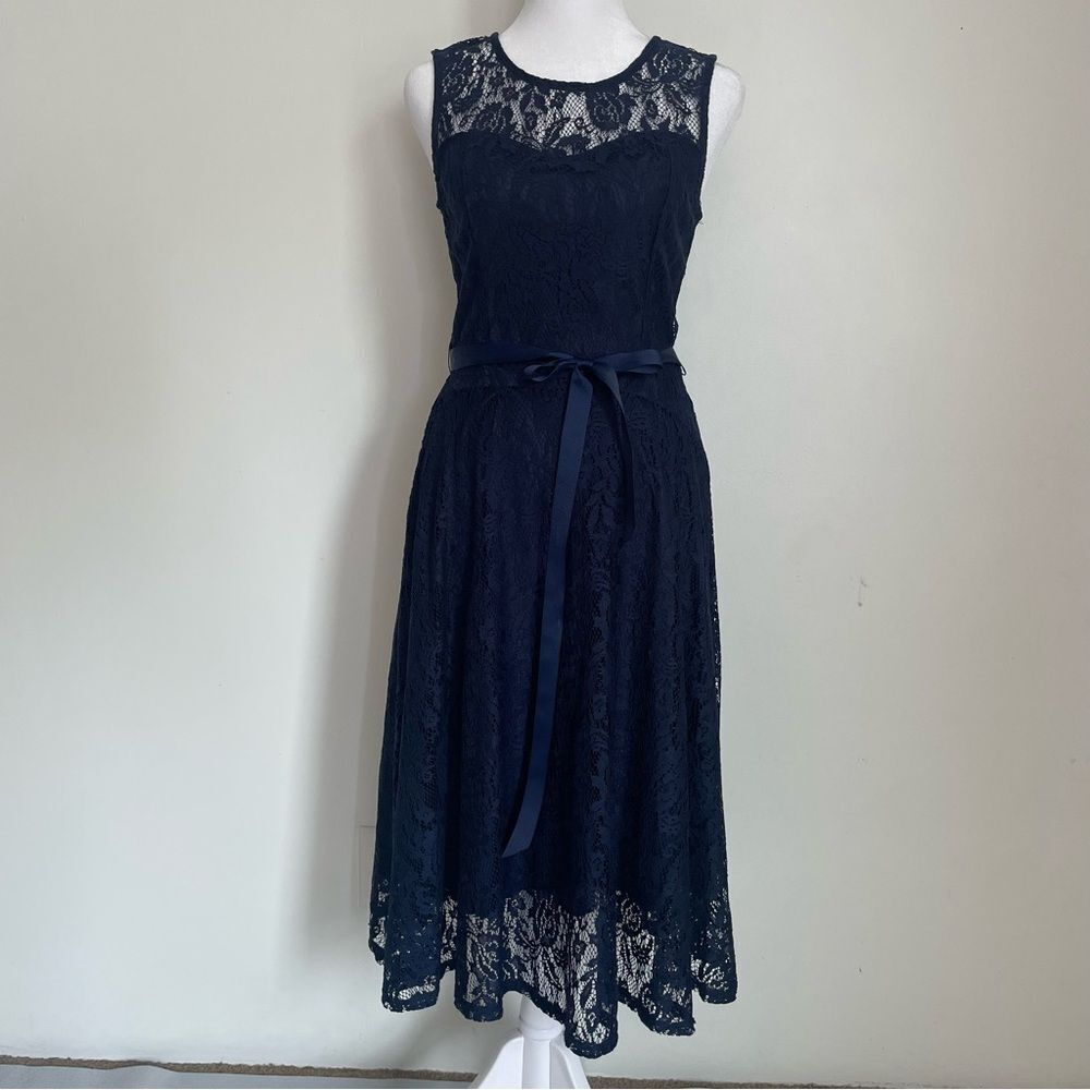 Christin Michaels Blue Floral Lace Midi Dress Women’s Size Small